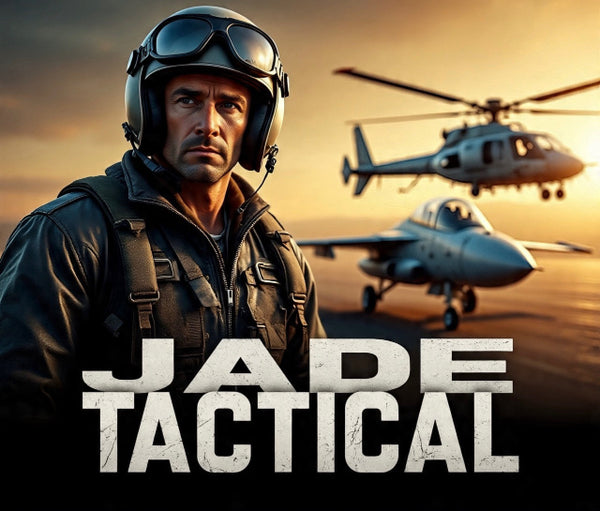 Person in tactical gear with 'Jade Tactical' text and military vehicles in the background